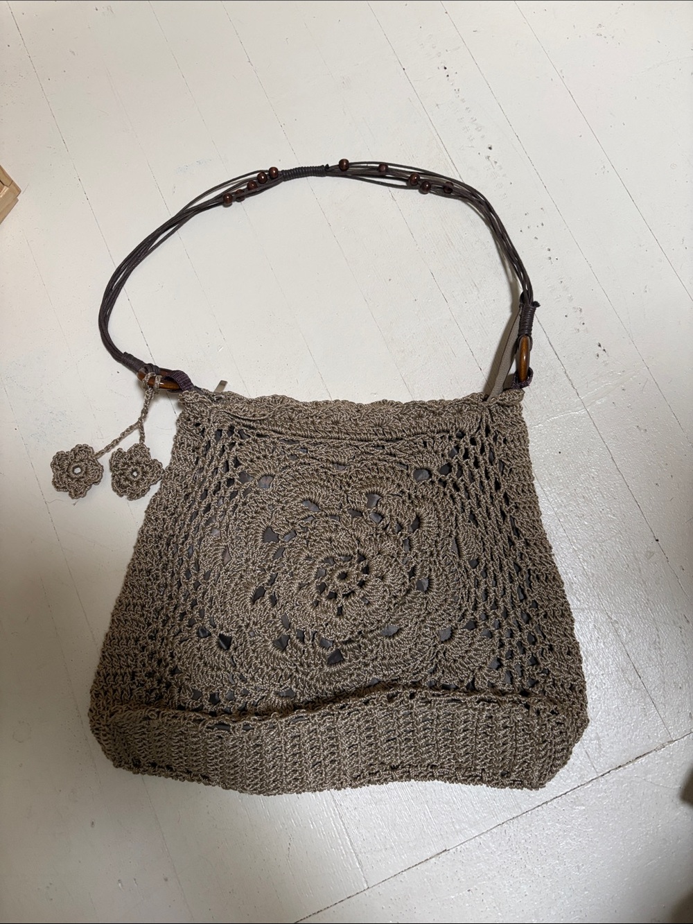 Y2K Vintage Boho Crochet Shoulder Bag in Taupe